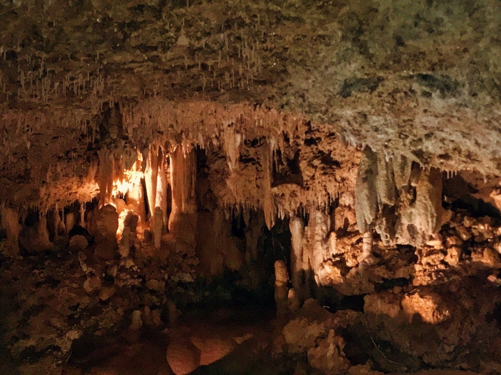 Stalactites and stalagmites in a dimly lit cave.