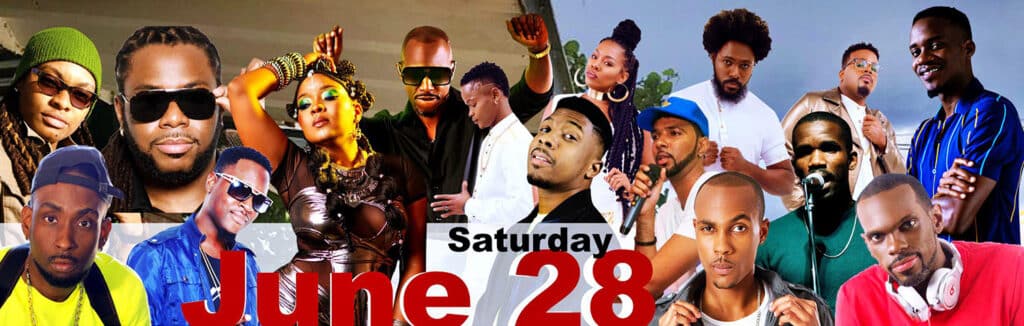 Music event promotional poster, June 28, featuring various artists.